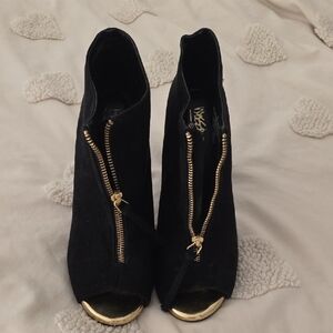 Mossimo Supply Co. Black Suede Peep-Toe Ankle Boots with Gold Trim